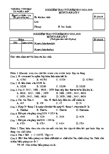 Bài kiểm tra cuối năm môn Toán Lớp 3 - Năm học 2019-2020 - Trường Tiểu học Nghĩa Sơn