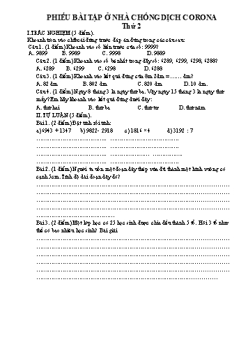 Phiếu bài tập ở nhà môn Toán Lớp 3 - Năm học 20219-2020