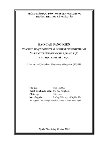 Sáng kiến kinh nghiệm Tổ chức hoạt động trải nghiệm để hình thành và phát triển phẩm chất, năng lực cho học sinh Tiểu học