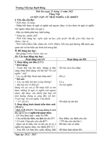 Giáo án Tiếng Việt 3 (Kết nối tri thức) - Bài: Luyện tập Từ trái nghĩa. Câu khiến - Năm học 2022-2023 - Trường Tiểu học Bạch Đằng