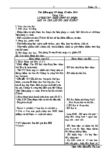 Giáo án Tiếng Việt 3 (Kết nối tri thức) - Tuần 21, Bài: Luyện tập Biện pháp so sánh. Đặt và trả lời câu hỏi Ở đâu? - Năm học 2023-2024 - Nguyễn Thị Lan