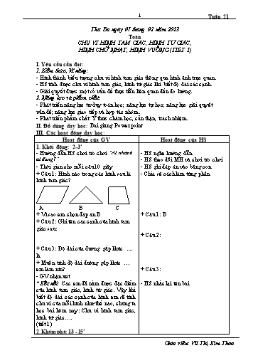 Giáo án Toán 3 (Kết nối tri thức) - Tuần 21, Bài: Chu vi hình tam giác, hình tứ giác, hình chữ nhật, hình vuông (Tiết 1) - Năm học 2022-2023 - Vũ Thị Kim Thoa