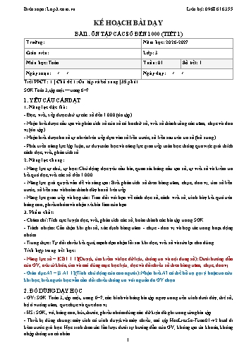 Giáo án Toán lớp 3 - Tuần 1 - Tích hợp năng lực số và AI năm học 2026-2027