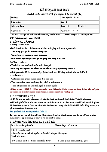 Giáo án Toán lớp 3 - Tuần 16 - Tích hợp năng lực số và AI năm học 2026-2027